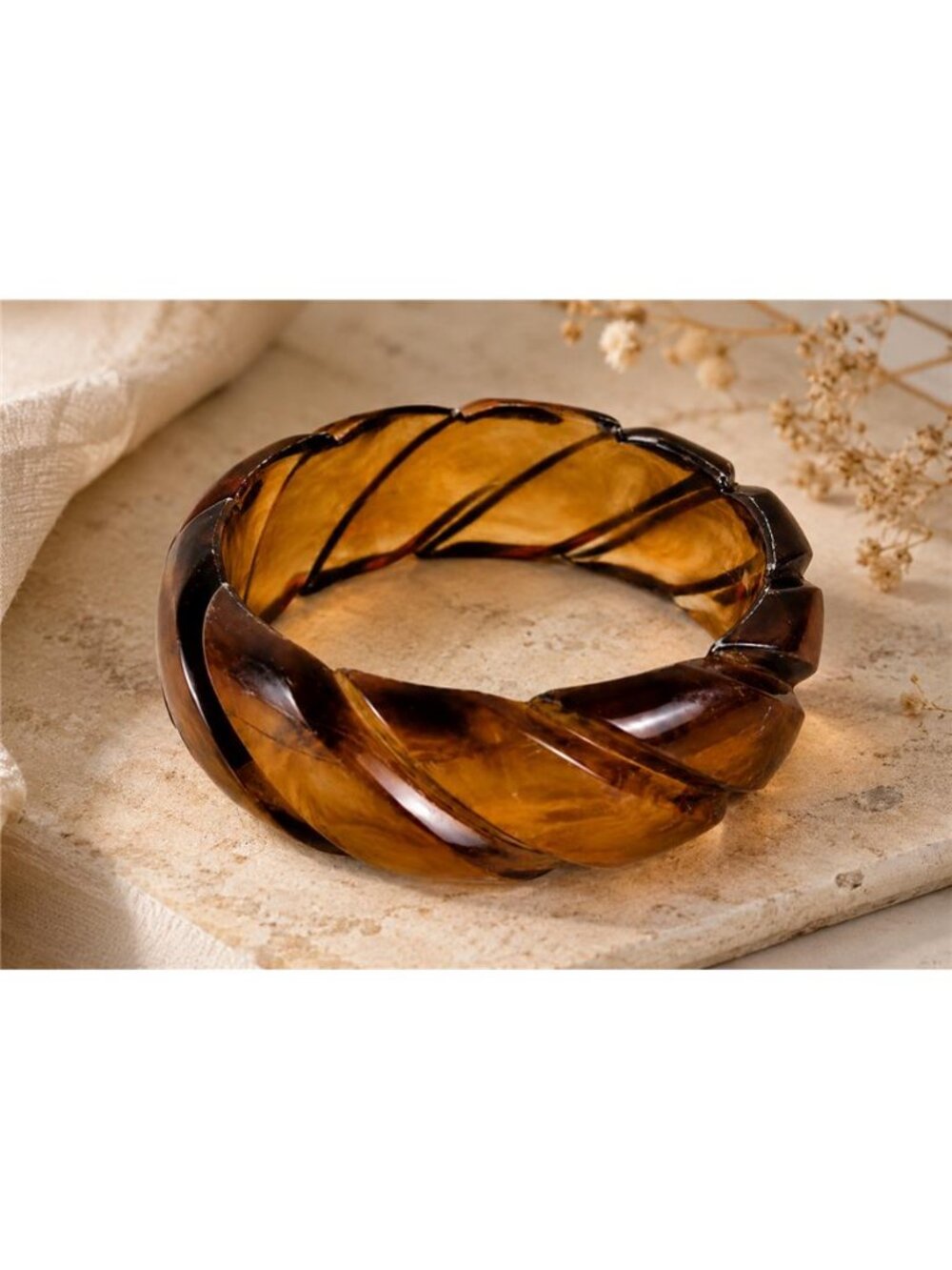 Vintage Amber Brown Carved Lucite Bangle Bracelet Wide Tortoiseshell Look 8 In